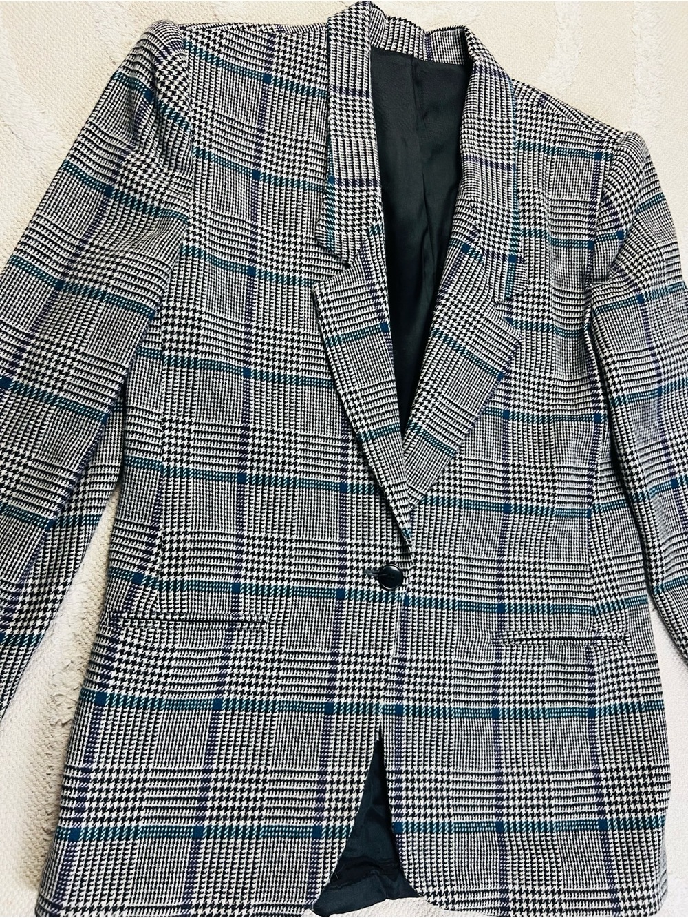 Vintage 90s Glen Plaid Boyfriend Blazer – Black, White & Teal – M/L - Picture 13 of 13